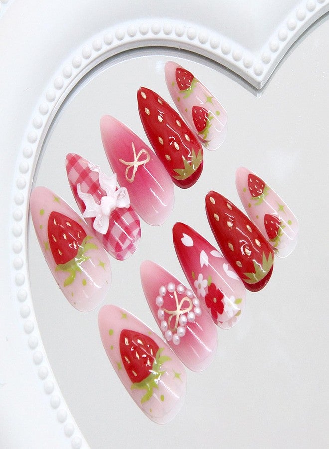 BSBTBZ 24Pcs Strawberry Flower Press on Nails Medium Almond Fake Nails Cute Floral Strawberry False Nails 3D Heart Pearls Bow Charms Designs Pink Gradient Glossy Stick on Nails Acrylic Nail for Women - Image 3